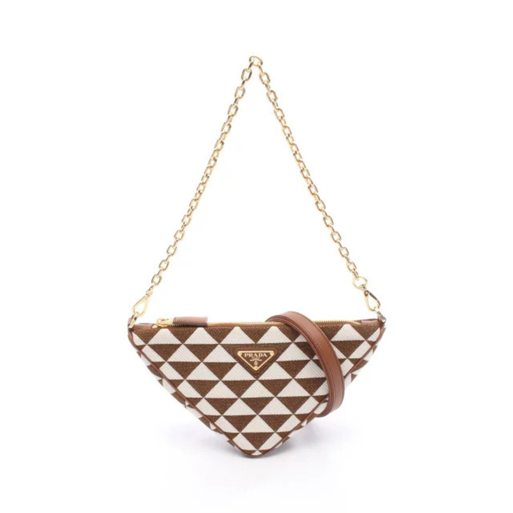 Prada Chain Shoulder Bag Canvas Leather Brown White
